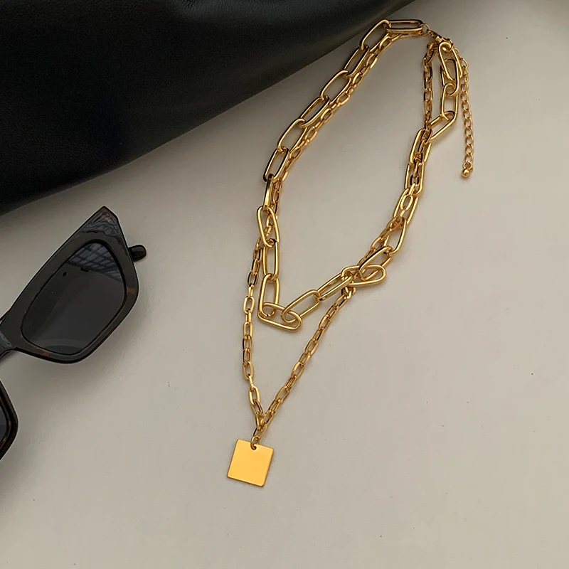 Peri'sBox Simple Double Layer Oval Chain Square Pendant Necklace Fashion Punk Goth Necklaces For The New Year Gifts Jewelry 2020 - Image 5