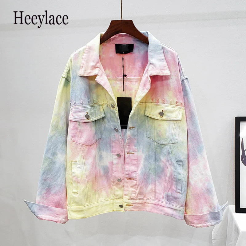 Модная свободная короткая джинсовая куртка с градиентными отверстиями женская