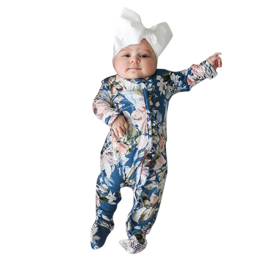 Baby sports pajamas long sleeve floral print wrap feet haile warm pajamas comfortable baby climbing clothes + headband 40A1 (8)