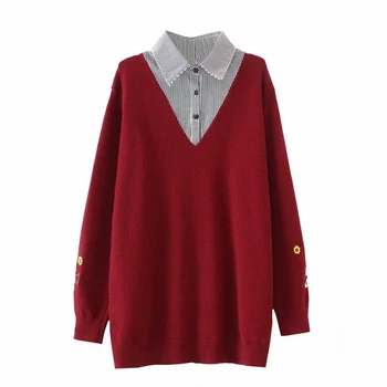 

Autumn Plus Size Faux Two Patchwork Knitwear Turn Down Collar Flower Embroidered Patchwork Striped Blouse Pullovers YY9510