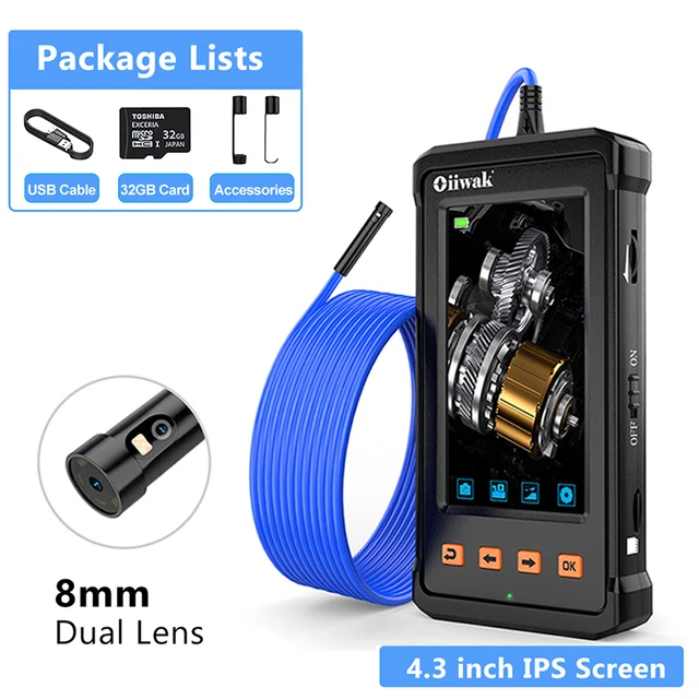 Oiiwak 1080P Endoscope Camera 5mm/8mm Dual lens Borescope Pipe Inspection Camera 5.18in Screen IP67 Surveillance Video Camera 8mm Dual Lens