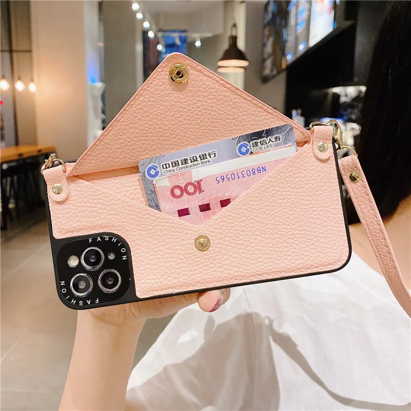 Wallet shoulder strap phone case for iphone 13 13Pro 12 11 Pro XS Max SE X XR 7 8 Plus chain lady leather pocket lanyard cover apple iphone 13 pro max case