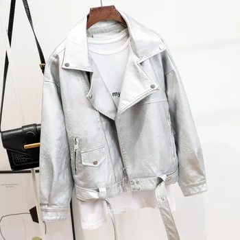 

LANMREM 2020 New Autumn Winter Lapel Solid Color Zipper PU Leather Women's Jacket Streetwear Loose Personality Coat Tide PF750