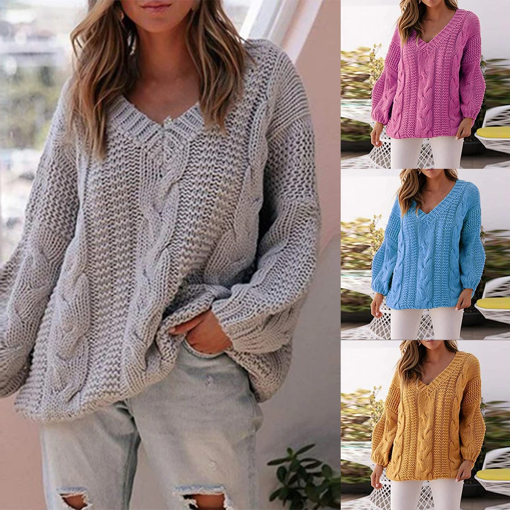 New Casual Solid Sweters Women Invierno Sexy V Neck Pull Femme Loose Knitted Sweter Modish Knit Pullovers Tricot Plus Size