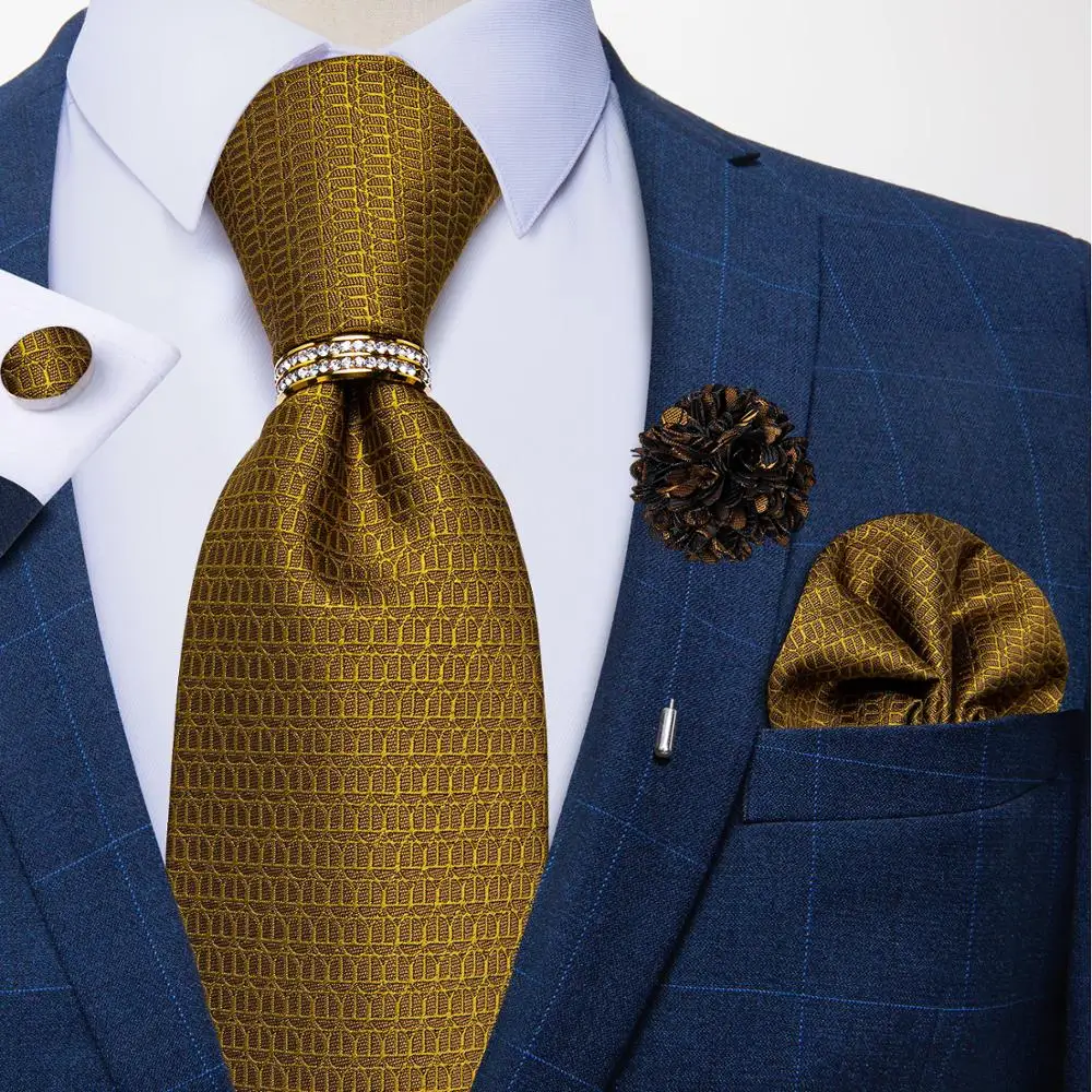 

Luxury Men's Ties 8cm Fashion Neckwear Silk Business Wedding Party Gold Necktie Pocket Square Cufflinks Men Gift Set DiBanGu