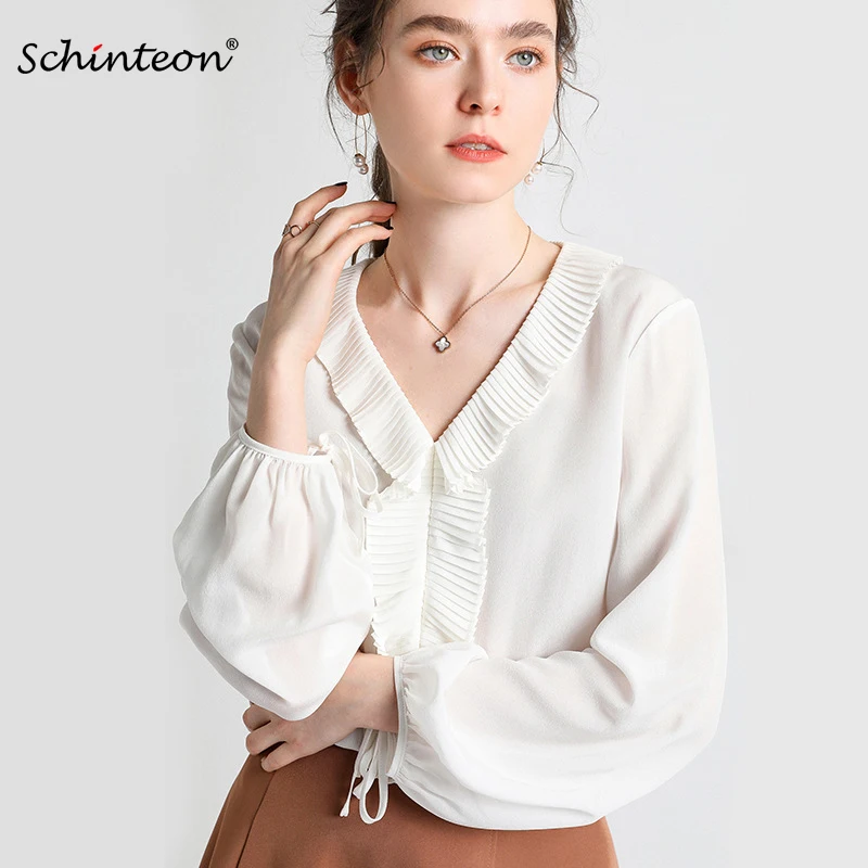 Женская блузка из 100% натурального шелка однотонная офисная с v образным вырезом и