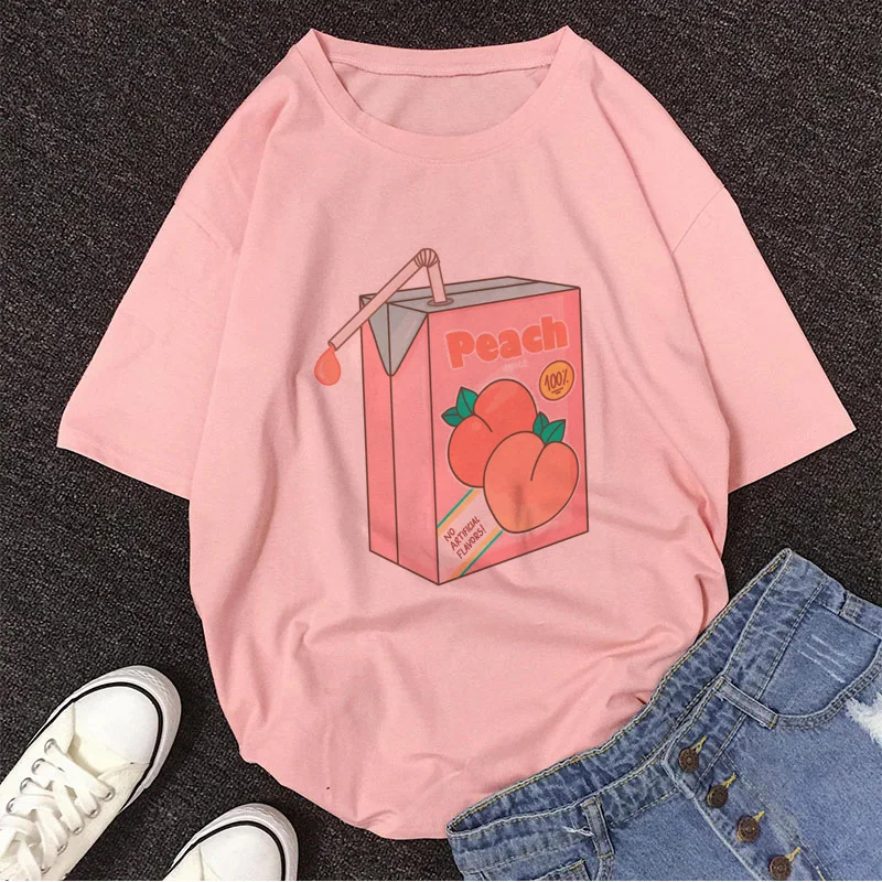 Juice Japanses Эстетическая мультяшная персиковая гранж футболка Женская Harajuku Kawaii розовая футболка Летняя повседневная одежда tumblr футболка Топы