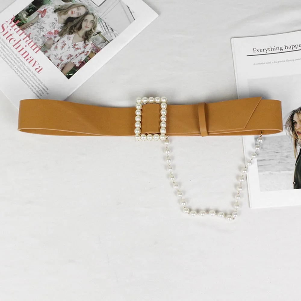 

Women's Runway Fashion PU Leather Belt for Suit Coat Fashionable Corset Luxury Black Red Pearl Chain Belt VD2443