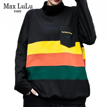 

Max LuLu Winter Tops Tees Fashion Korean Luxury Ladies Warm Clothes Womens Striped Turtleneck T Shirts Casual Loose Streetwear