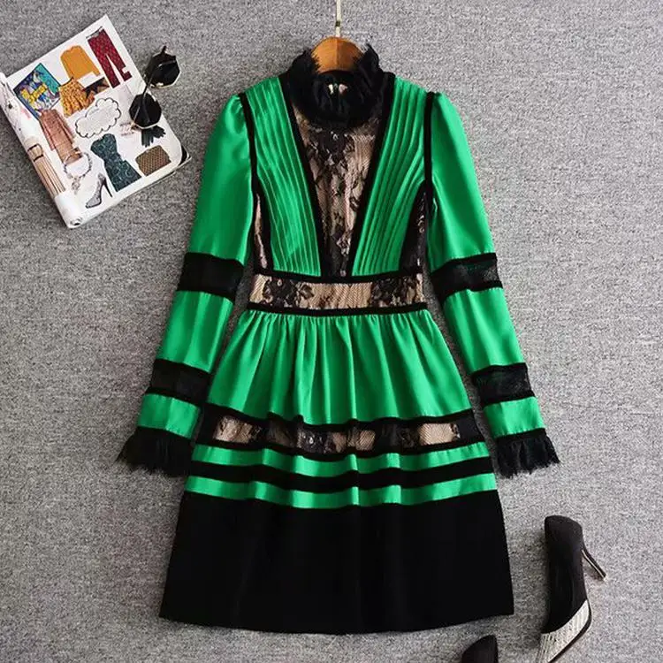 Runwaybox Runway дизайнерские женские винтажные черные кружевные Длинные рукава выше колена винтажные летние зеленые платья со стоячим воротником - Цвет: color