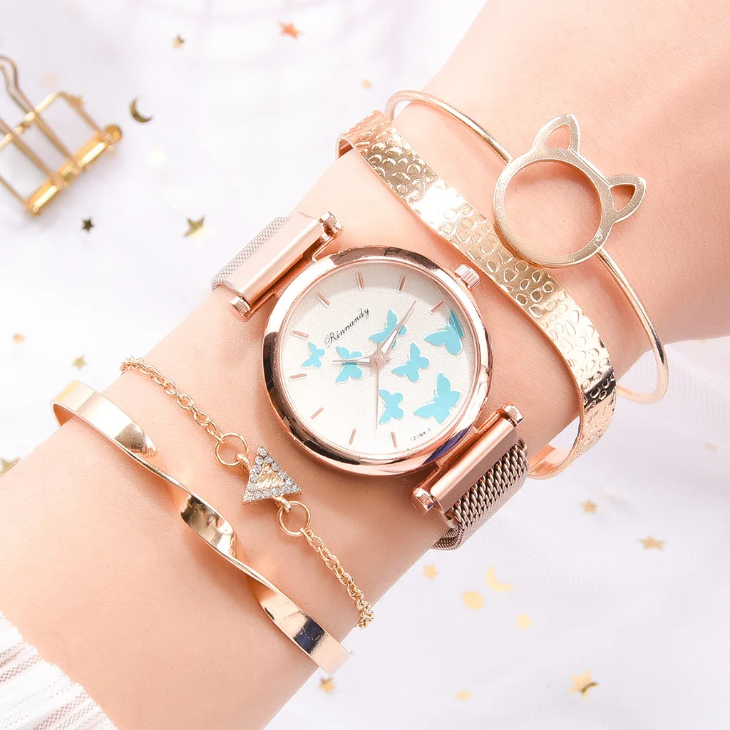 

Fashion 5pcs Set Women Watches Quartz Clock Rose Gold Bracelet Ladies Watch Magnet Stainless Steel Strap Butterfly Female Clock