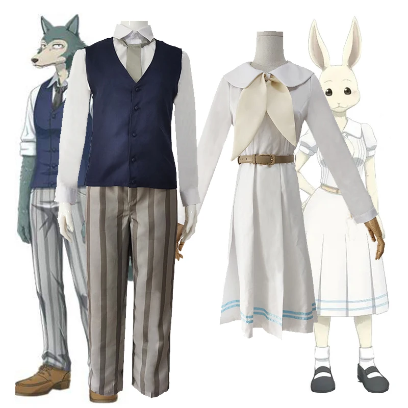 

Anime Beastars Haru Cosplay Costumes White Rabbit Dresses Suit Animal Cute Dress Legoshi Shirt Pants Set Wigs for Women Men