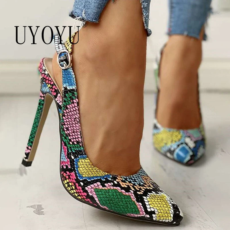 UYOYU Woman Sexy Snake 35~42 Leather Fashion Grain Designer Slippers Mules High Heels Pointed Toe Ladies Summer Shoes 2020 New | Обувь