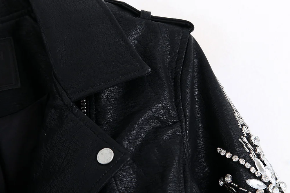 Высокое качество Женская pu кожаная куртка осень Модный Блестящий Кристалл пальто, украшенное бисером короткий топ современная женская черная верхняя одежда