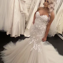 Elegante Schatz Mermaid Brautkleider Spitze Applique 3D Blume Robe De Mariage Zurück Taste Tüll Backless Hochzeit Kleider