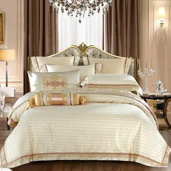 

Papa&Mima Beige Golden Silk Satin Luxury Royal Bedding set Queen King size Flat sheet Bedspread set Pillowcase Duvet cover