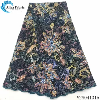 

Alisa nigerian velvet lace fabric 2020 high quality embroidered mesh fabrics 5 yards/pcs french sequins laces fabrics for sewing