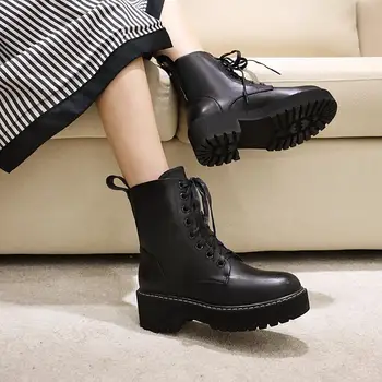 

May Niamh Woman's Martin Boots Platform Round Toe Square Heels Lace-Up Zipper Black Stone Pattern Autumn Handmade Shoes A120