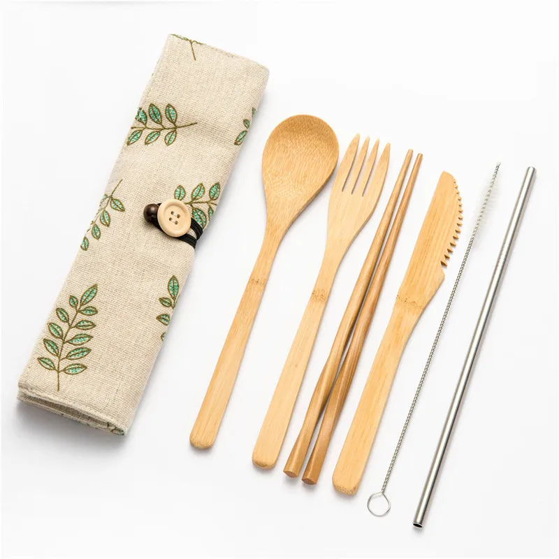Деревянный набор столовых приборов с тканевой сумкой бамбуковая соломка ножи вилка ложка палочки для еды набор инструмент для путешествий столовые наборы - Цвет: 7pcs Mstraw09
