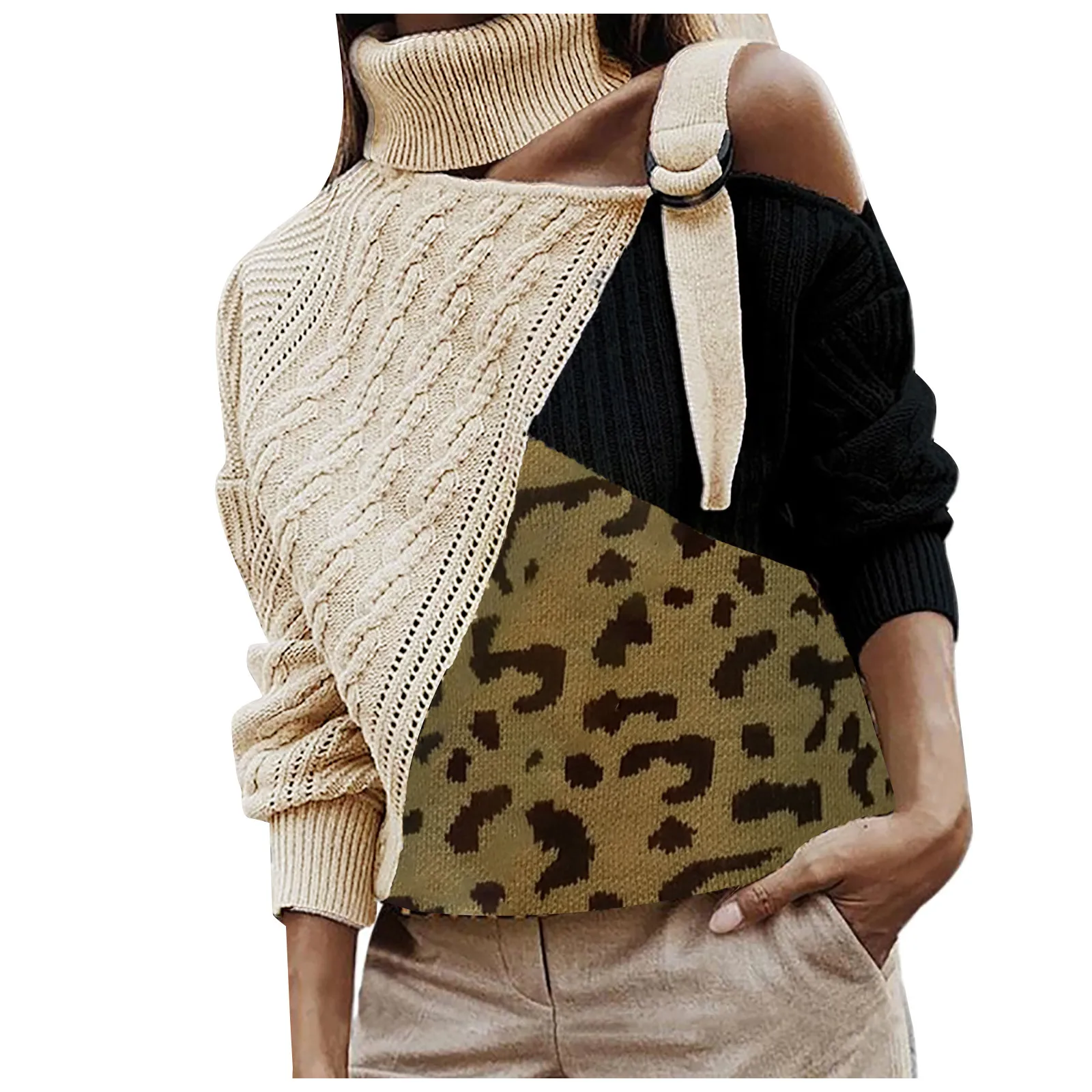Women's Autumn And Winter Loose Leopard Print Contrast Stitching Long-sleeve Stand Collar One Side Strapless Knit Sweater Top 2