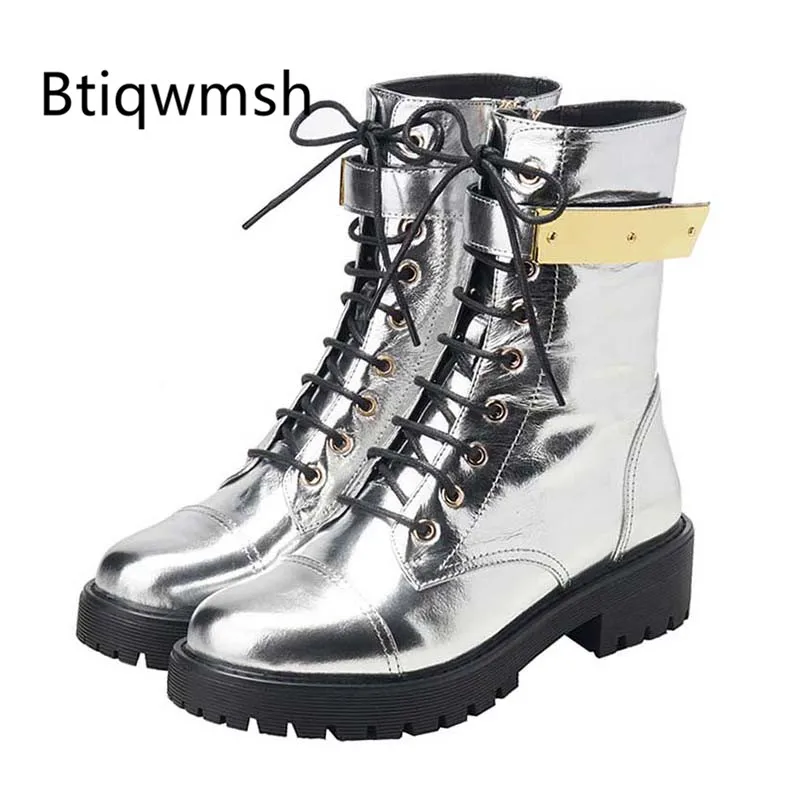 

2019 Chic Design Silver Leather Ankle Boots Woman Round Toe Gold Metal Decor Heel Shoes Woman Cool Military Boots туфли женские