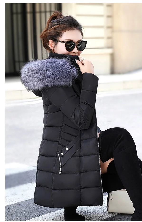 Новая Паркер хлопковая одежда Женская средней длины с капюшоном меховой воротник вниз хлопок тонкий куртки большой размер зимнее плотное пальто