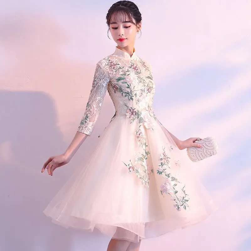 

Lady Party Dress Oriental Womens Slash Neck Evening Cheongsam Elegant Short Qipao Sexy Slim Gowns Vestidos XS-XXXL