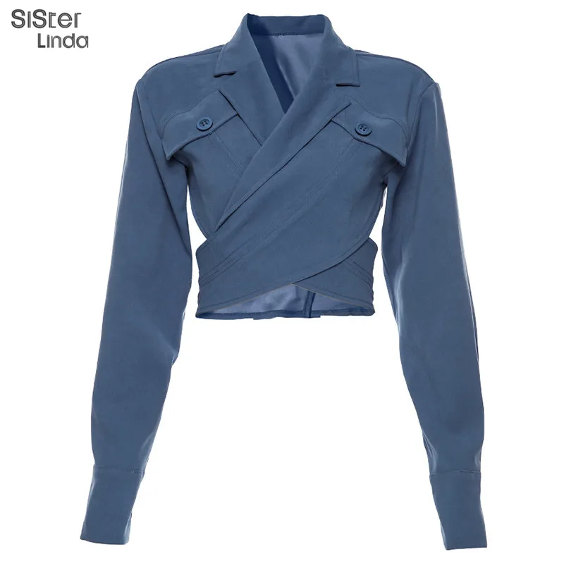 Sisterlinda/Повседневные синие укороченные топы, женская короткая открытая куртка, женская верхняя одежда, осенняя ретро-куртка Mujer, тонкая мягкая куртка - Цвет: Синий