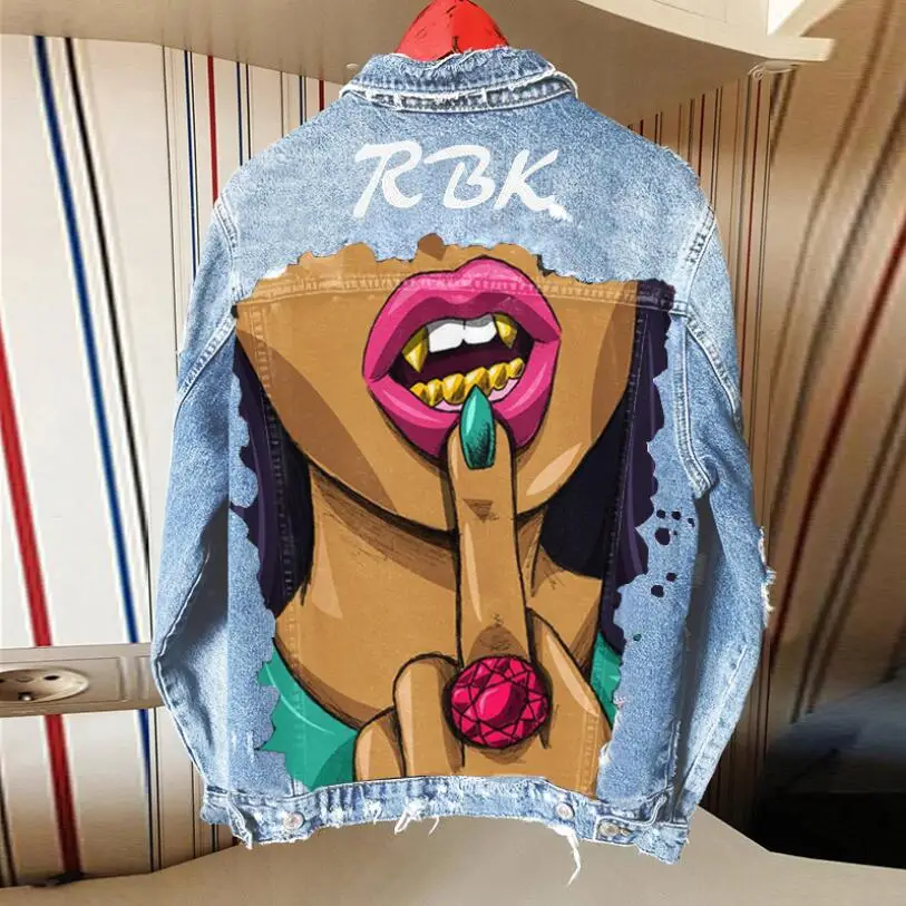 

Harajuku Denim Jacket Coat 2021 Women Designer Print Jean Jacket Single-breasted Turn-down Collar Female Jaquetas Feminino w722