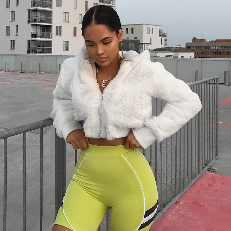 discount  2019 long sleeve faux fur hooded cropped top jacket autumn winter women warm coat streetwear party 