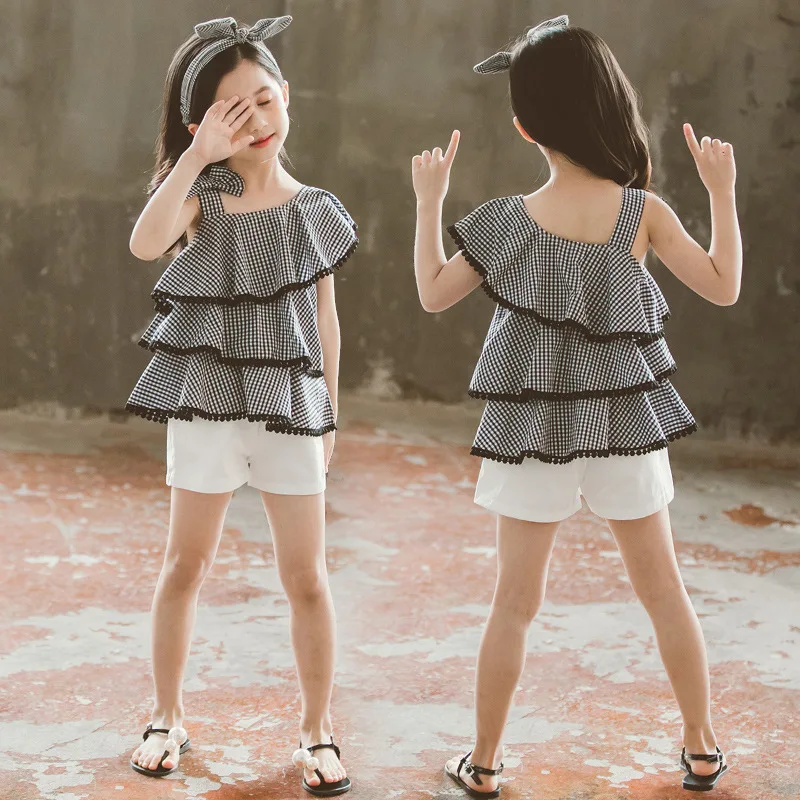 

Girls Summer Set 2019 New Style Young STUDENT'S chao yang Gas Plaid Sleeveless Clothes Children Korean-style Two-Piece Set Fashi