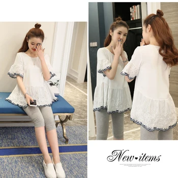 

Maternity Set Embroidered stitching top slim fit cropped belly pants maternity suit summer Pregnancy T-shirt and pants Women Set