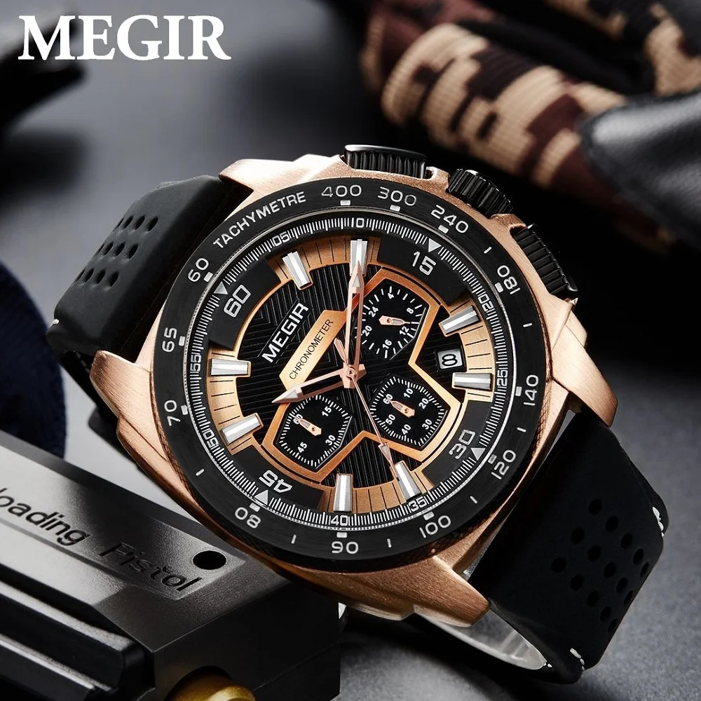 

MEGIR Chronograph Men Sport Watch Fashion Silicone Army Military Watches Relogio Masculino Quartz Wrist Watch Clock Men 2056