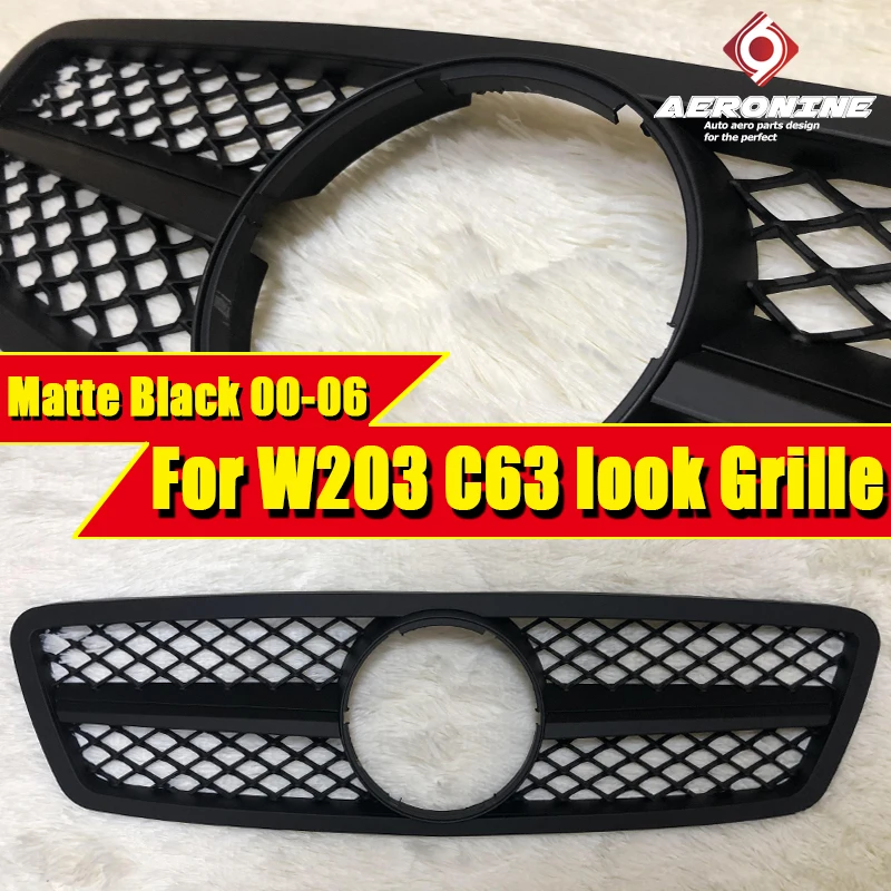 

For MercedesMB W203 C63 look One fin Grille Grill ABS matte Black Sport C-class C200 C250 C300 Without Sign Look Grills 2000-06