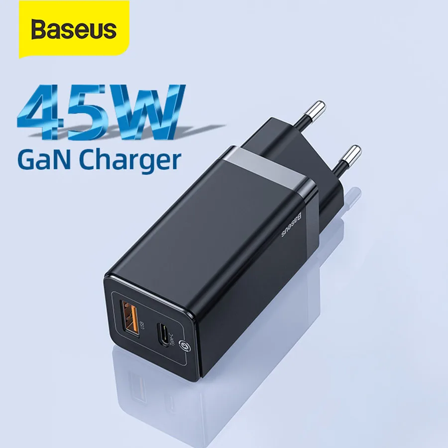 Baseus 45W GaN Charger PD USB C Charger Quick Charge 4.0 3.0 Dual USB Port Phone Charger ForiP ForXiaomi ForSamsung Laptop