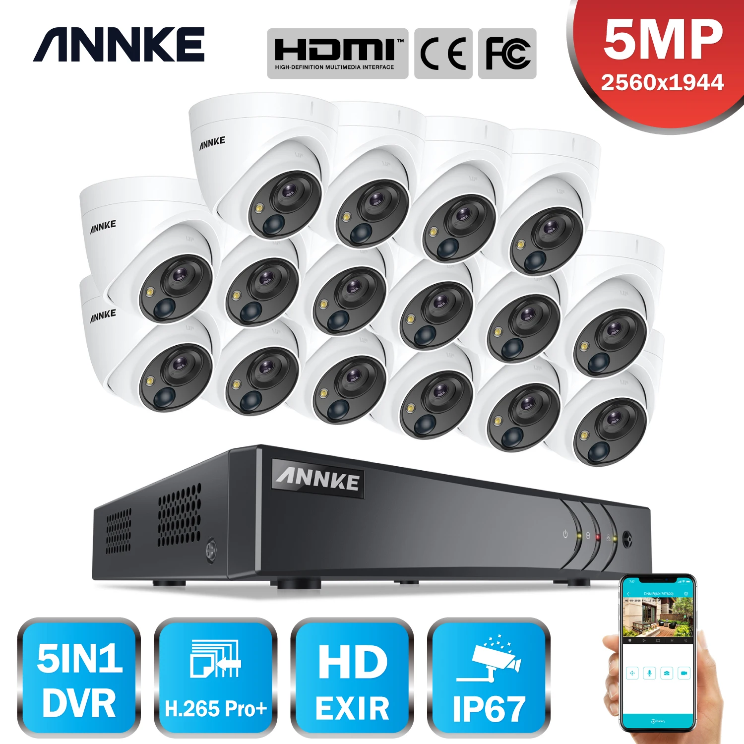 ANNKE 16CH 5MP Lite HD видео система безопасности 5в1 H.265 + DVR с куполом 16X всепогодный PIR