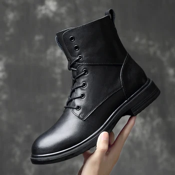 

Chelsea Boots Handsome Black Men Boots Genuine Leather Winter with fur snow boots Personality Printed Botas Mujer big size 50 n5