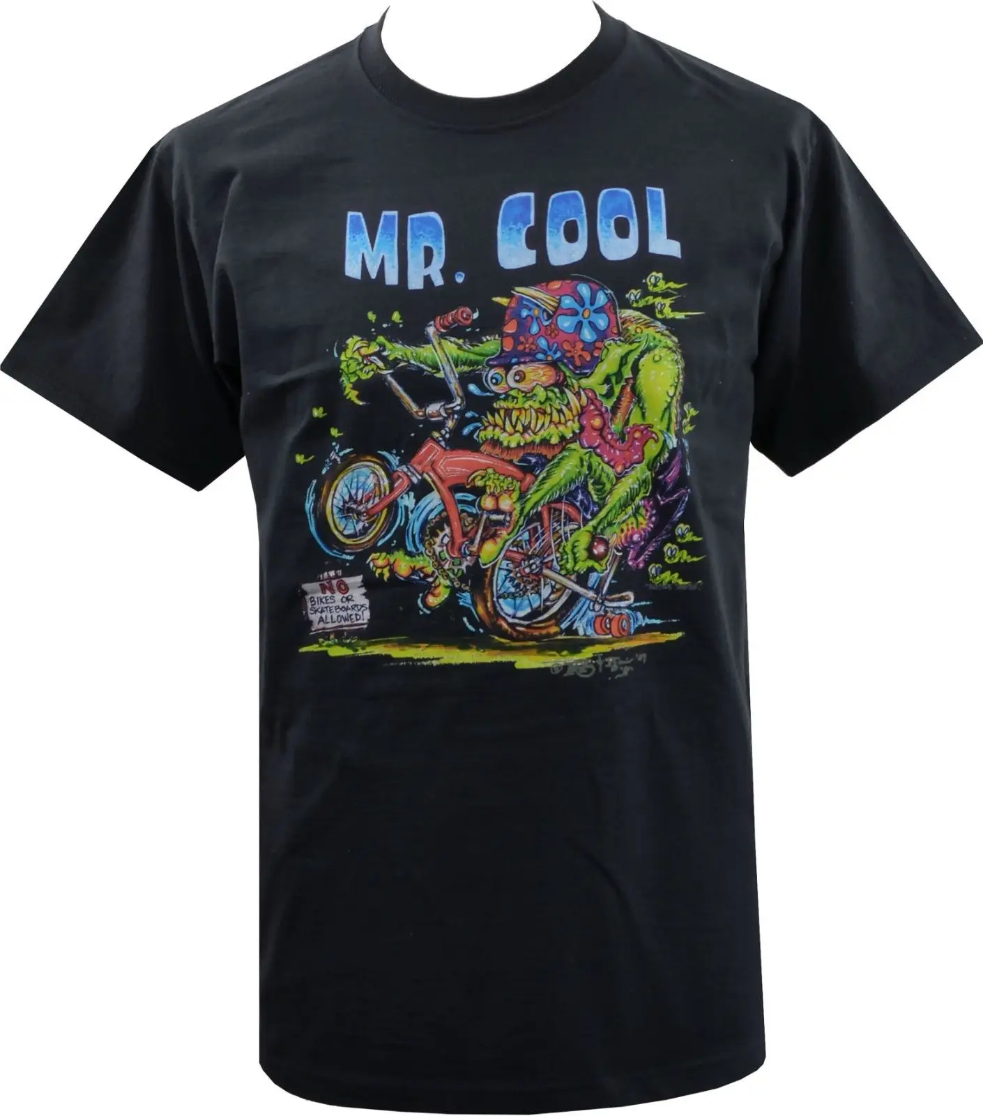 

MENS BLACK T-SHIRT MR COOL MONSTER BIKE CHOPPER HELMET HORNS HORROR RAT FINK