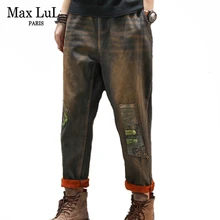 Max LuLu корейский бренд Модные женские теплые меховые джинсовые брюки женские винтажные лоскутные джинсы свободные повседневные зимние уличные