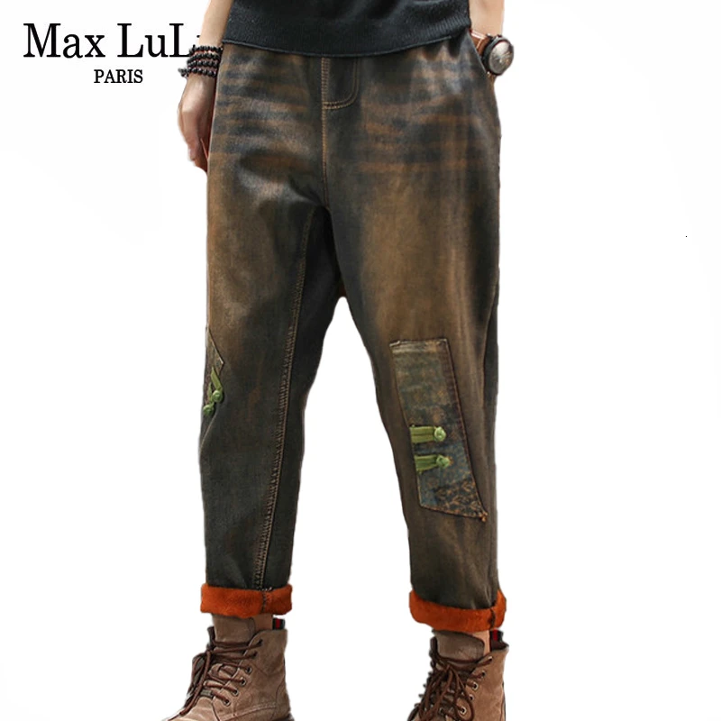 Max LuLu 2019 корейский бренд Модные женские теплые меховые джинсовые брюки винтажные