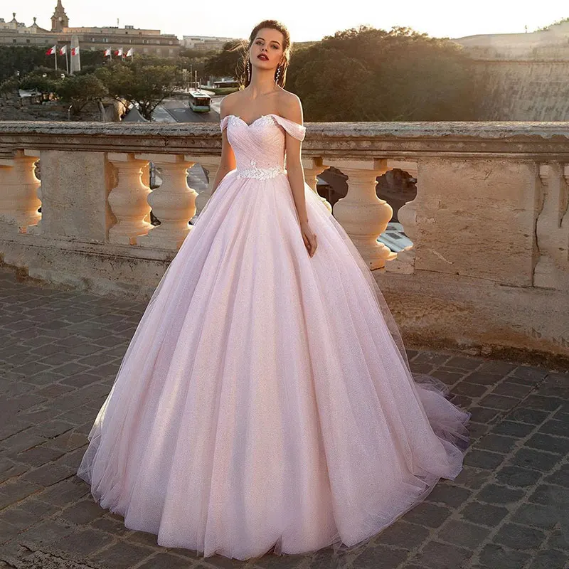 

2021 Gorgeous Princess Blush Pink Bridal Wedding Dresses Sweetheart Off Shoulder Sleeves Appliqued Wedding Gowns for Bride Pleat