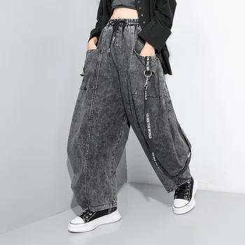 

Washed Distressed Jeans Women Personality Retro Loose Plus Size Belt Denim Wide Leg Pants Femme Hip-Hop Boyfriend Jeans Trousers