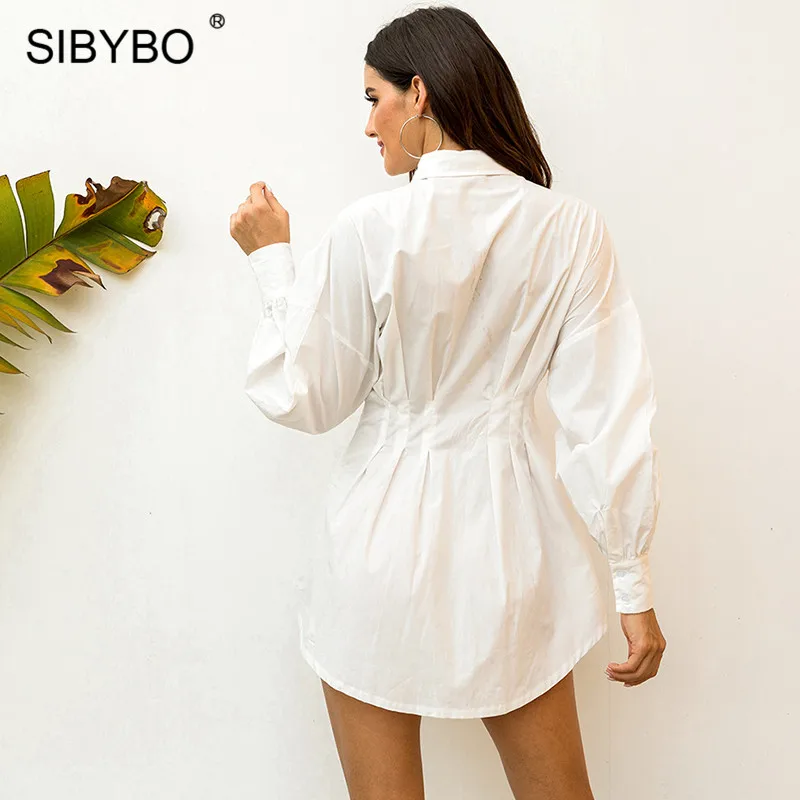 SIBYBO осеннее Хлопковое платье-рубашка с длинным рукавом, женское модное асимметричное свободное мини-платье, белое элегантное женское вечернее платье