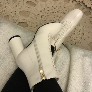 

Women Ankle boots Genuine Leather plus size 22-26.5 cm feet length 7cm heel Diagonal zip solid color wild ankle boots for women