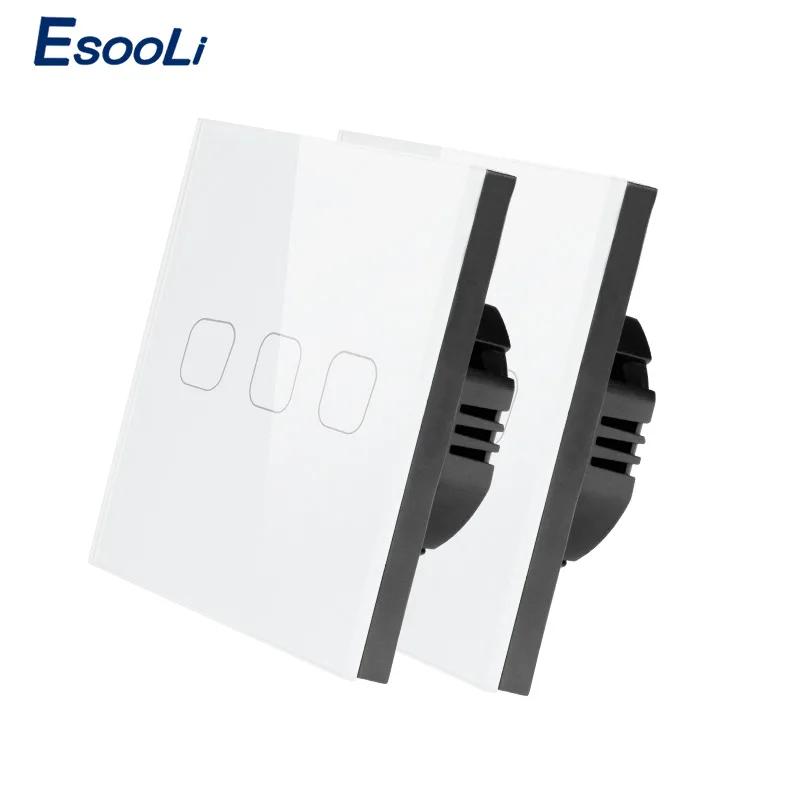2 pcs white 3 gang Esooli AC220V, 1/2/3 1Way светильник стены Сенсорный экран переключатель сенсорный выключатель света ЕС Стандартный сенсорный выключатель с украшением в виде кристаллов Стекло Панель сенсорный выключатель, 2 предмета в комплекте - Цвет: 2 pcs white 3 gang