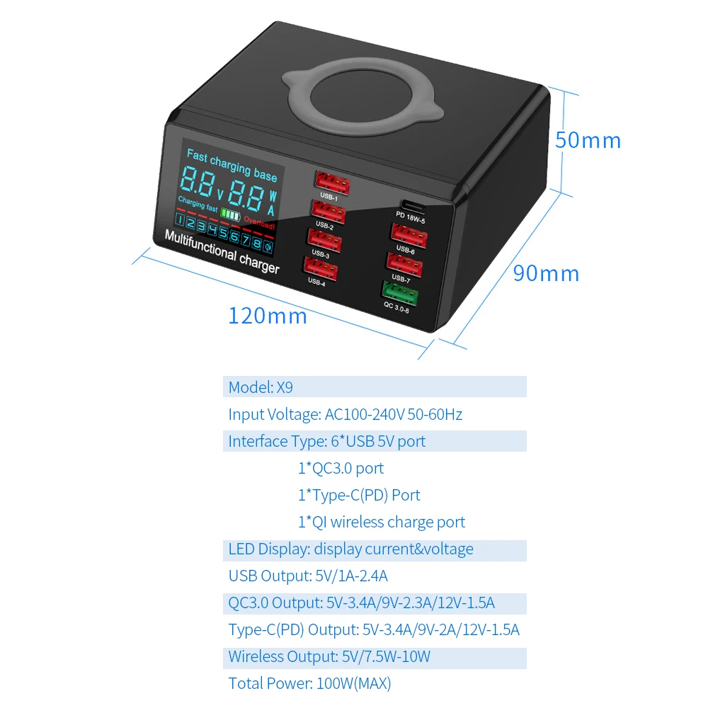 X9 8 Port Wireless USB Charger Quick Charge PD+QC3.0+USB Port Charge Station with LED Display USB HUB for Phone Laptop Tablet