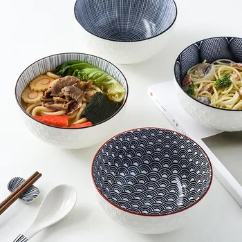 

6 inches ceramic embossed noodle bowls Pattern relief non-slip rice bowls soup bowls tableware restaurant dessert bowl