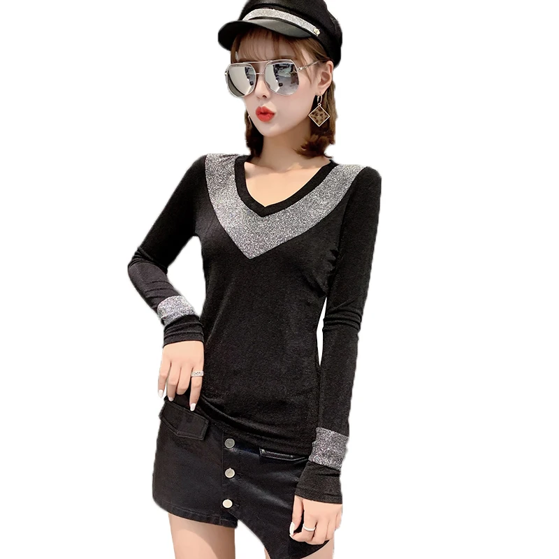 Black tshirt Сексуальный европейский лоскутный Блестящий пуловер с высоким воротом и v-образным вырезом, женская футболка, новинка, Осень-зима, топы, одежда, Camiseta Mujer T98006 - Цвет: Black tshirt
