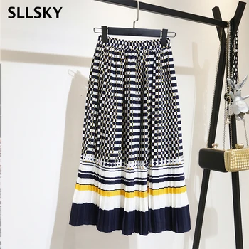 

SLLSKY 2020 spring Fashion New Black White Dot Contrast Color Pleated Elastic High Waist Skirt All-match Female's Bottoms