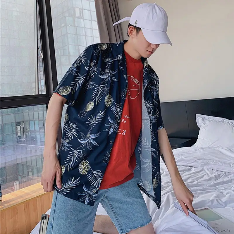 Men Fashion Summer Shirts Leaves Flower Pineapple Print Loose Short Sleeve Shirt Male Hawaiian Style Beach Shirt x